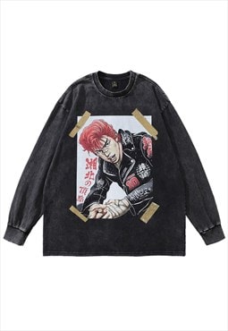 Korean boy long t-shirt vintage wash anime top punk tee grey