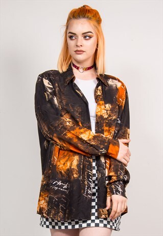 90'S VINTAGE FACE PATTERNED ORANGE SHIRT