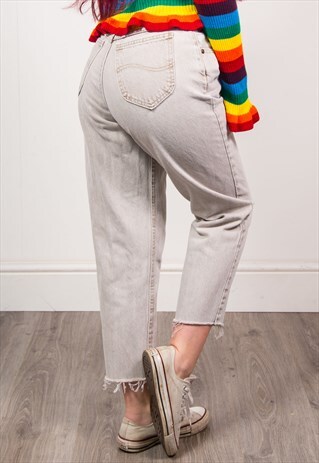 LEE VINTAGE 90'S GREY DENIM HIGH WAIST RAW HEM MOM JEANS