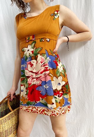 VINTAGE 60S BOHEME PAINTED FLOWERS PRINT MINI DAY DRESS BOHO