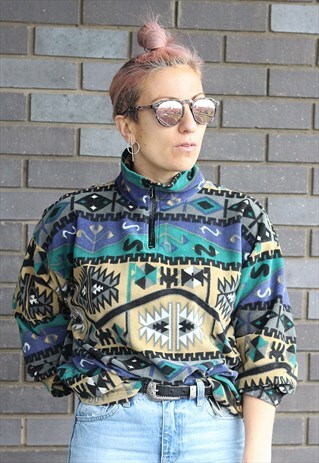 VINTAGE 1990S AZTEC PRINTED OVERSIZED HIGH NECK JUMPER