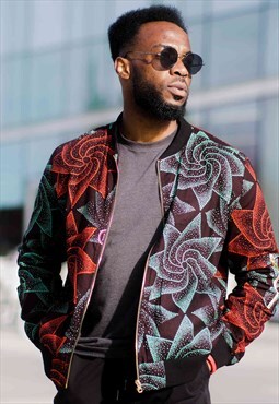 African Print Padded Jacket - Teal and Red