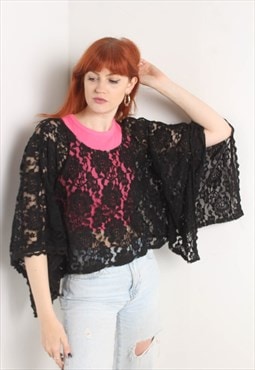 Vintage 80's Lace Pullover Shawl Top Black