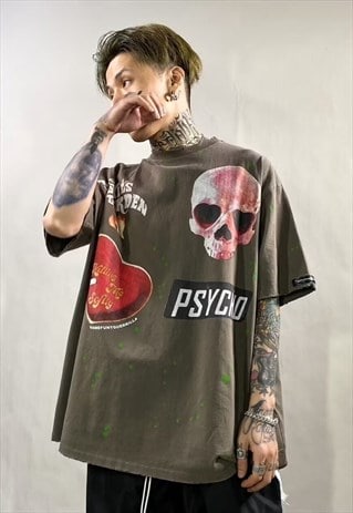 Psycho slogan tee graffiti heart t-shirt god top in brown 