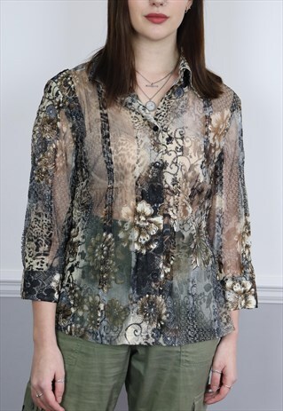 90S Y2K SHEER MESH LEOPARD PRINT & FLORAL SHIRT
