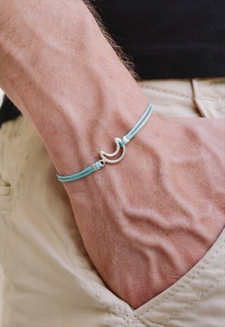 MENS BRACELET SILVER CRESCENT MOON CHARM TURQUOISE CORD MEN