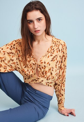 VINTAGE 70'S RETRO LEAF PRINT BOHO CROP TOP