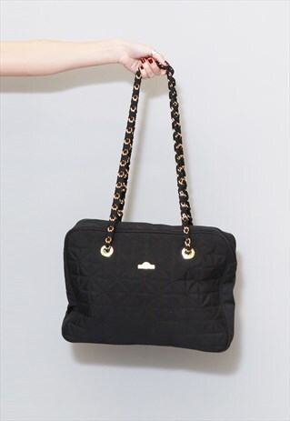 VINTAGE 1980'S QUILTED BLACK CHAIN STRAP SHOULDER BAG