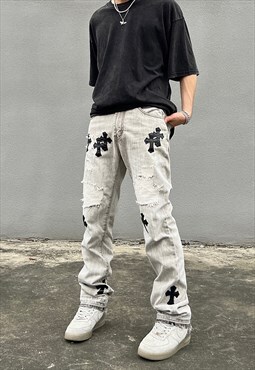 Grey Crosses embroidered Denim jeans pants trousers Y2k