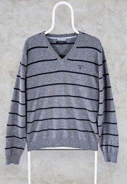 Gant Grey Striped  Lambs Wool Jumper V-Neck Mens Medium