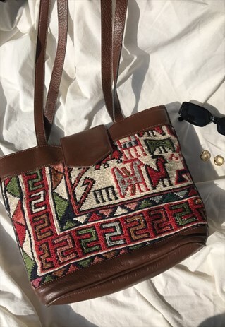 VINTAGE 90S BROWN LEATHER TURKISH WOOL AZTEC KILIM HANDBAG