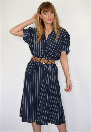VINTAGE 90S NAVY & WHITE STRIPE BOHO MIDI SHIRT DRESS