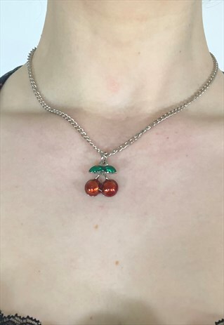 VINTAGE 90S CHAIN CHERRY ENAMEL PENDENT NECKLACE