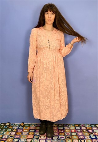 VINTAGE 80'S PEACH LONG SLEEVE MIDI DRESS - S