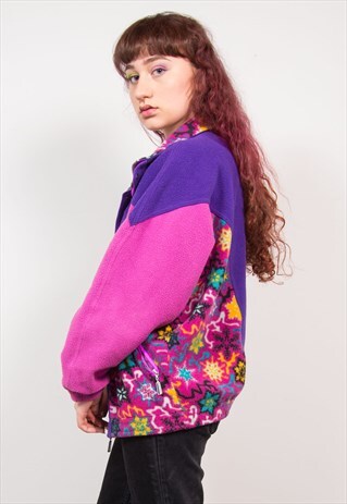 VINTAGE 90'S PURPLE & PINK FLORAL PATTERN FLEECE JACKET