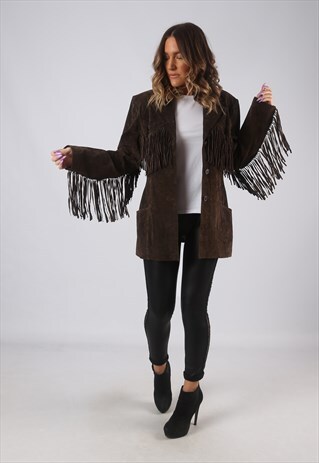 SUEDE LEATHER FRINGE TASSEL FITTED JACKET VINTAGE UK 14 CWCM