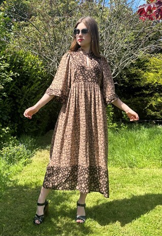 70'S VINTAGE FOLK SMOCK BROWN FLORAL 3/4 LENGTH MIDI DRESS