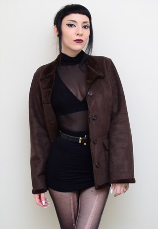 VINTAGE 90'S FAUX BROWN SHEEPSKIN SHEARLING JACKET