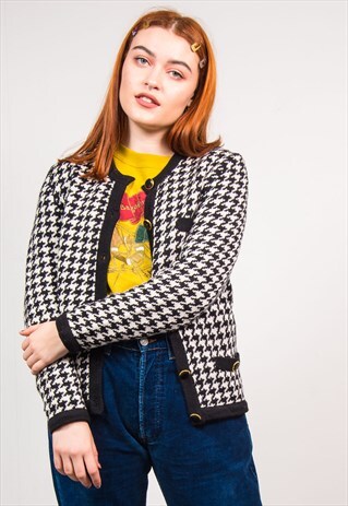 VINTAGE 90'S DOG TOOTH PATTERN BLACK & WHITE KNIT CARDIGAN
