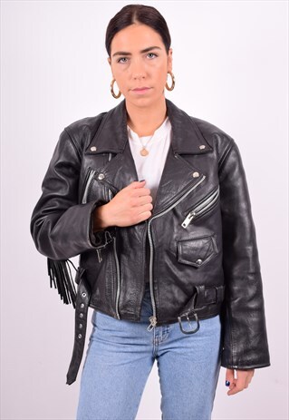 WOMENS VINTAGE LEATHER BIKER JACKET MEDIUM BLACK 90'S