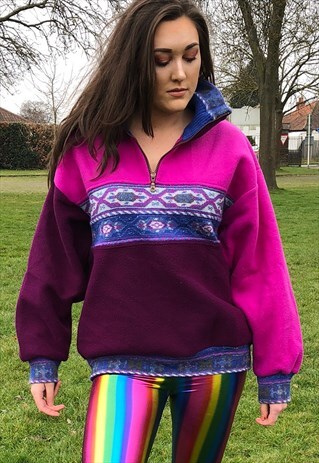 VINTAGE UNISEX BRIGHT COLOUR BLOCK AZTEC FESTIVAL FLEECE