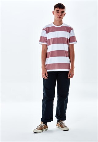 SHORT SLEEVE STRIPED T-SHIRT IN DULLED PINK AND WHITE