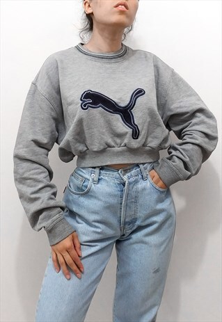 VINTAGE 90S GRAY COZY CROPPED PUMA EMBROIDERY SWEATSHIRT