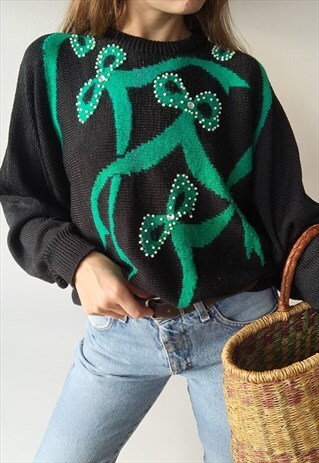 VINTAGE 80S CHRISTMAS RIBBON BEADED LUXE KNIT JUMPER SWEATER