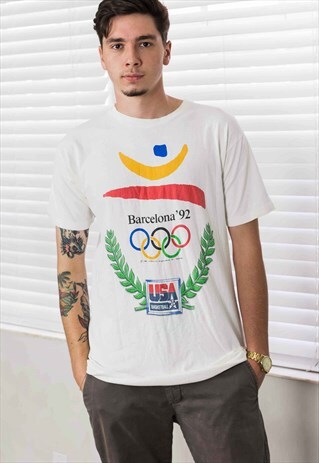 VINTAGE 92 OLYMPICS T-SHIRT LOGO 90S L 7.5
