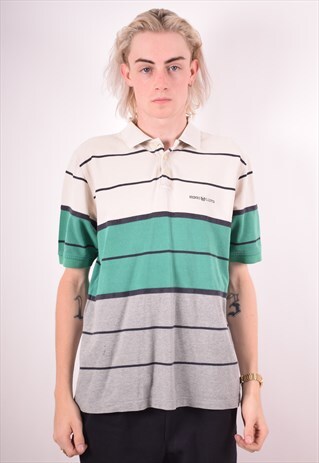 HENRI LLOYD MENS VINTAGE POLO SHIRT LARGE GREEN STRIPES 90S