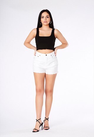 WHITE HIGH WAISTED RAW HEM DENIM SHORT