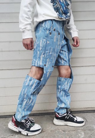 2 IN 1 DETACHABLE DISTRESSED JEANS CLIP ON DENIM SHORTS BLUE