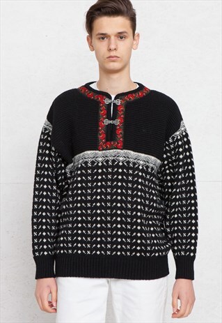 VINTAGE BLACK SKJAVELAND WOOL KNIT NORWEGIAN JUMPER