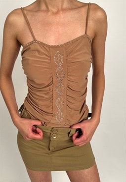 Vizio 00s Tan Diamante Embellished Ruched Cami Top