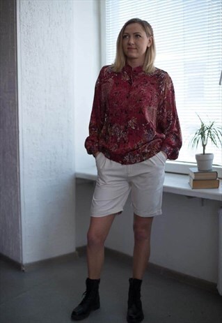 VINTAGE 80'S BURGUNDY PATTERNED BOMBER STYLE BLOUSE