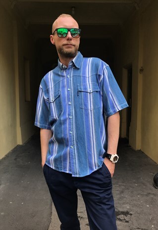 VINTAGE 90' AWESOME CLASSIC STRIPED BLUE DENIM SHIRT