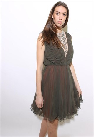 VINTAGE 60S EMBELLISHED PLEATED CHIFFON PARTY MINI DRESS S-M
