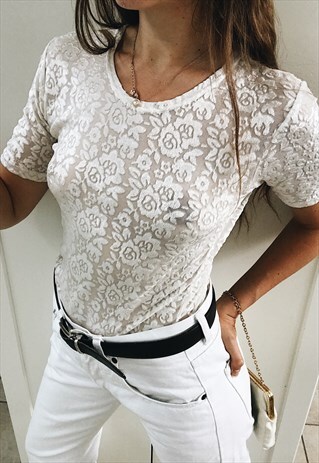 VINATGE 90S LUXE PARISIAN FLORAL SHEER VELVET TOP BLOUSE