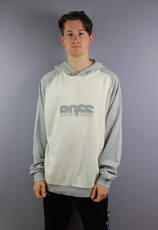 VINTAGE HUGO BOSS HOODIE IN WHITE WITH PRINTED SPELLOUT LOGO