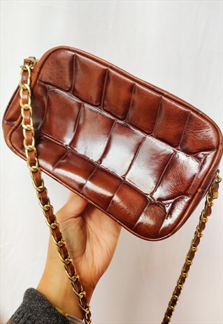 VINTAGE REVIVAL BROWN FAUX CROC HANDBAG