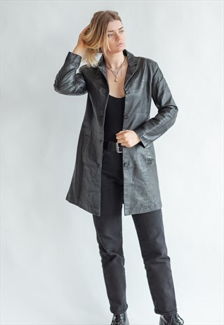 VINTAGE 90S MINIMAL BLACK LEATHER COAT