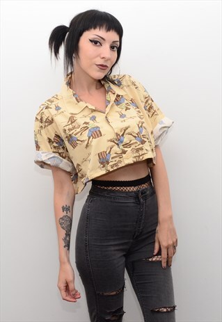 VINTAGE 90'S VACATION PATTERNED REWORKED CROP SHIRT