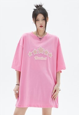 Star patch t-shirt solid raver tee grunge top in neon pink