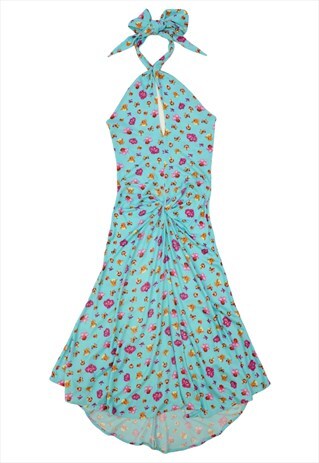 VINTAGE Y2K VERSACE LIGHT BLUE FLORAL DRESS HALTER NECK