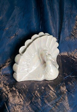 Vintage Napkin Holder 90s Iridescent Glaze Porcelain Peacock
