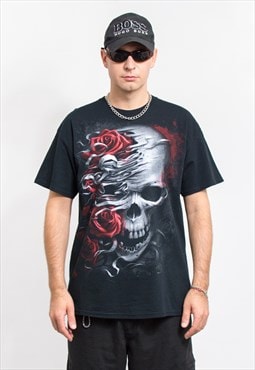 Skulls and roses T-shirt rocker graphic men size XL