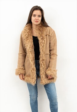 Faux Suede Leather Afghan Jacket Fur Shearling Over Coat Top