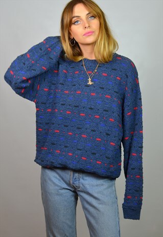VINTAGE 90S BLUE PATTERN SLOUCHY KNITTED GRANDAD JUMPER