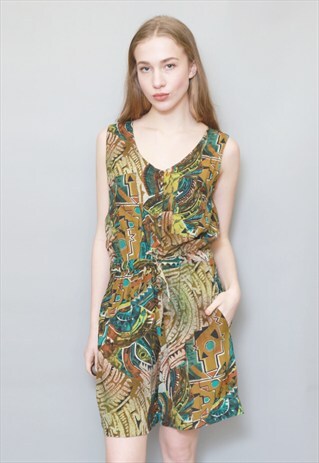 VINTAGE 1990'S GREEN AND BROWN TRIBAL PRINT PLAYSUIT