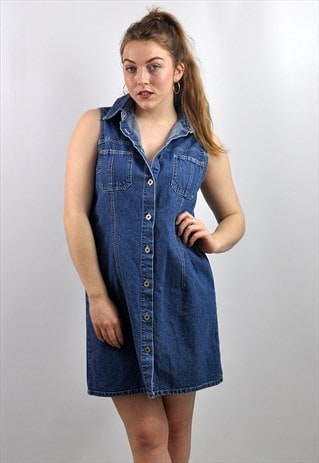 VINTAGE 90S BLUE DENIM BUTTON THROUGH MINI DRESS